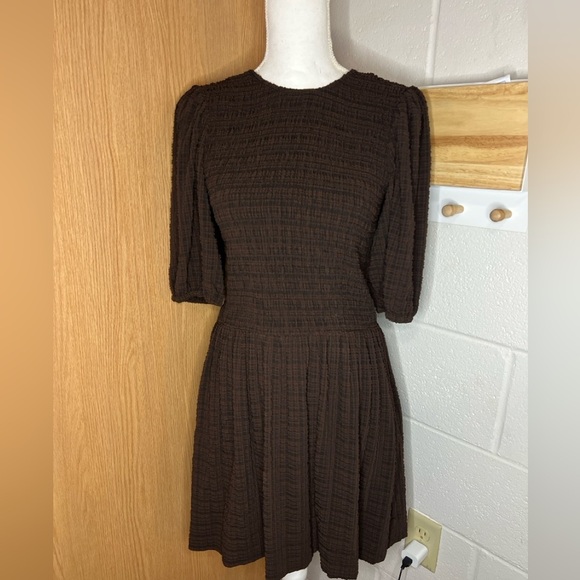 Ganni Dresses & Skirts - GANNI Brown Checked Seersucker Smocked Mini Dress US 38